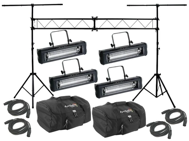 Main image of American DJ Lighting (4) Mega Flash DMX Party 800W Stobe Effect Light with (4) DMX Cables, (2) Arriba Bags & Portable Truss System