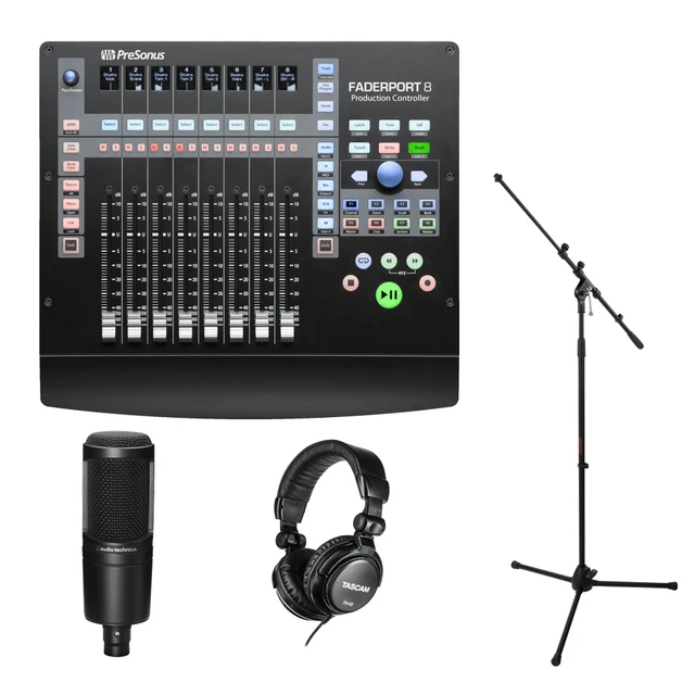 Alt view image 6 of 7 - PreSonus Faderport 8 - Mix Production Controller. Audio-Technica AT2020 - Cardioid Condenser Microphone + Tascam TH-02 Studio Headphones (Black) and Mic Stand.