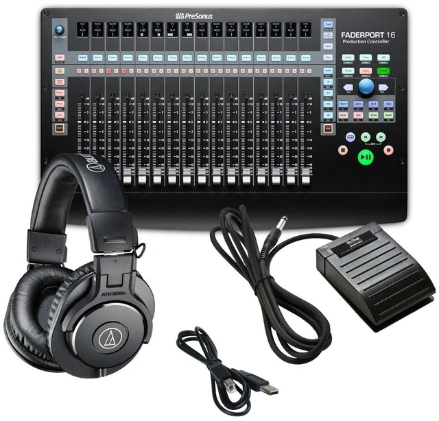 Main image of PreSonus Faderport 16 - Mix Production Controller with Audio-Technica ATH-M30x Professional Monitor Headphones + Universal Footswitch and USB Cable