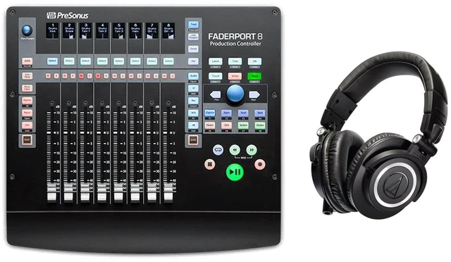 Main image of PreSonus Faderport 8 - Mix Production Controller. With Audio-Technica ATH-M50x Monitor Headphones (Black)