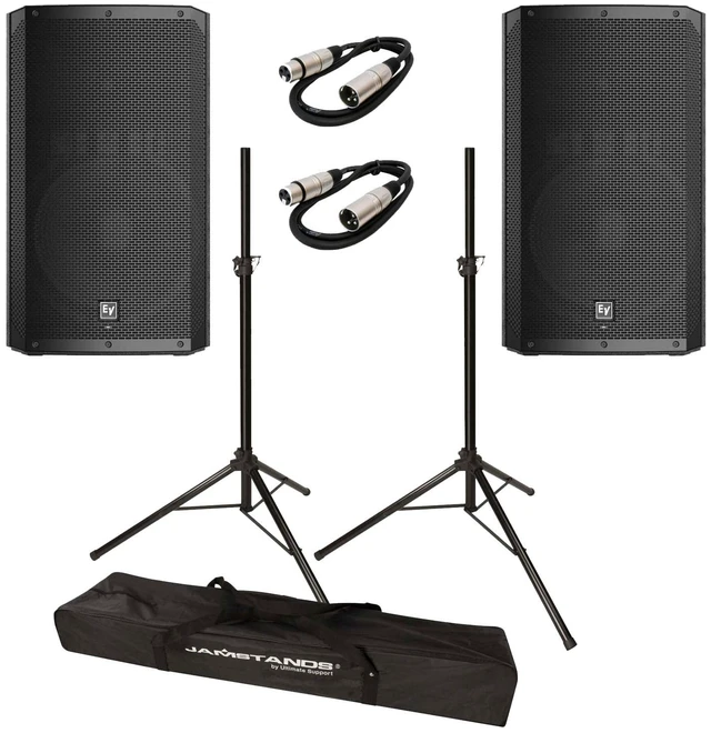 Main image of 2x Electro-Voice ELX200-15P-US 15" 2-Way 1200W Speakers w/ XLR Cables & Stands