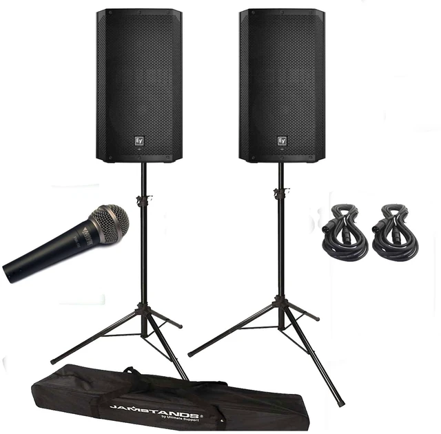 Main image of Electro-Voice ELX200-12P 12" 2-Way Powered Speakers & Speaker Stand (Pair) + XLR to XLR Cables and Microphone Package.