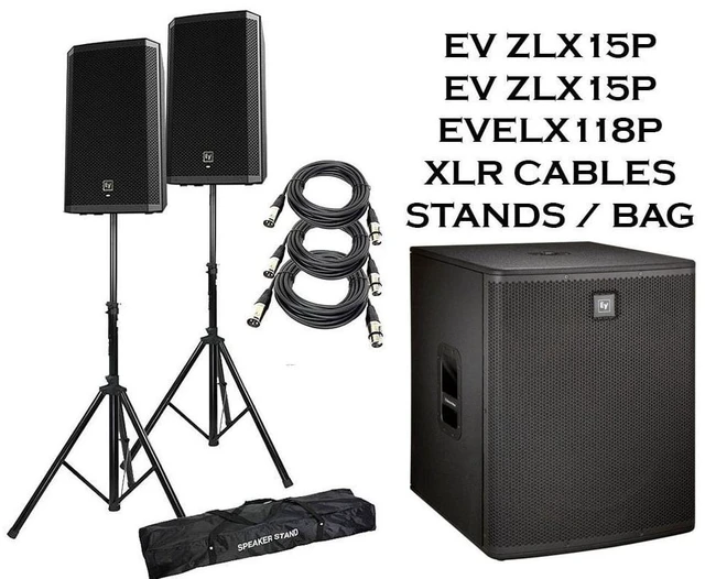 Main image of (2) Electro-Voice ZLX-15P 15 Powered Loudspeakers Packaged with Electro-Voice ELX118P 700 Watt 18" Powered Subwoofer + Speaker stand + (2) XLR to XLR Cables 15ft.