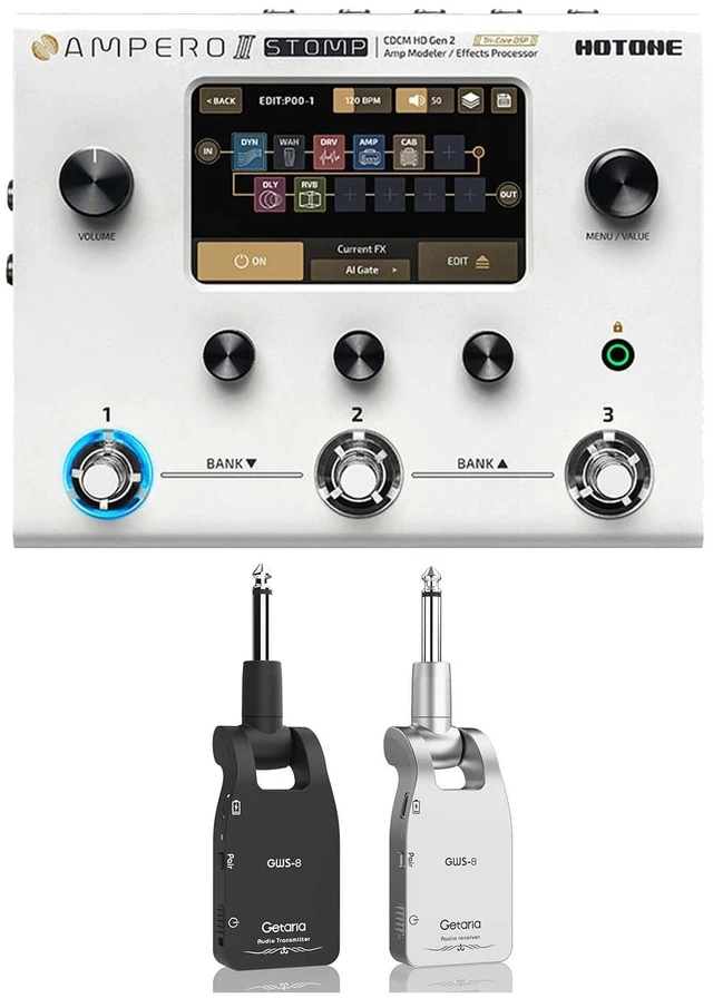Main image of Hotone Ampero II Stomp MP-300 Amp Modeler & Effects Processor, Getaria 2.4GHZ Wireless Guitar System Bundle