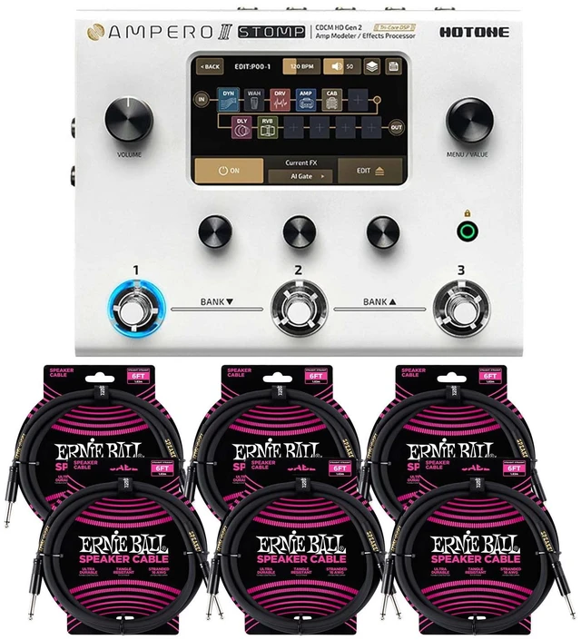 Main image of Hotone Ampero II Stomp MP-300 Amp Modeler & Effects Processor, (6) ErnieBall 1/4 Bundle