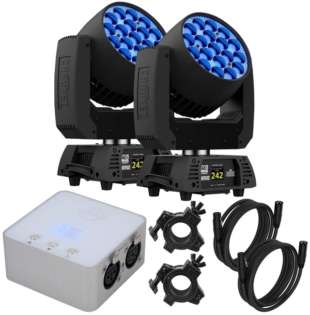 Main image of (2) Chauvet Pro Rogue R2X Wash Moving Head, ADJ My DMX3.0, (2) Clamps, (2) 5 Pin DMX Cables Bundle