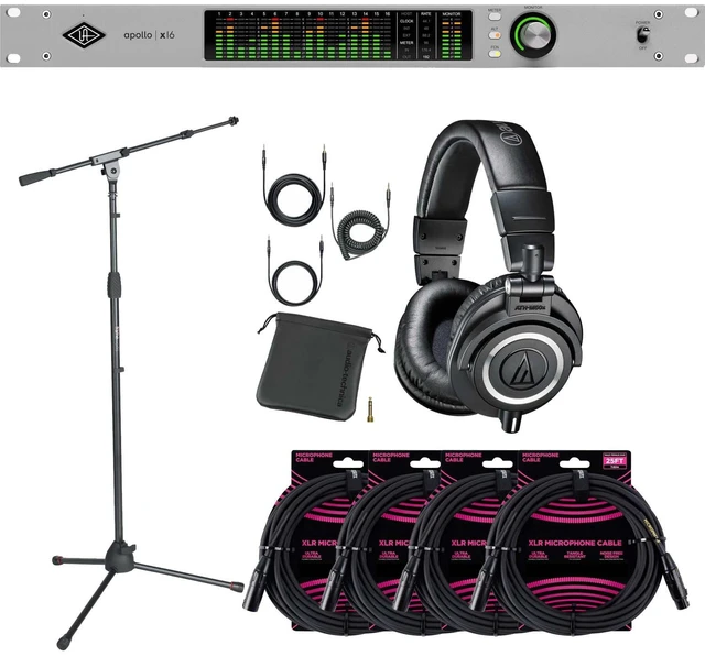 Main image of Universal Audio Apollo x16 with UAD Analog Classics Audio Interface - Audio Technica ATH-M50X - Gator GFW-MIC-2020 - (4) ErnieBall XLR Bundle