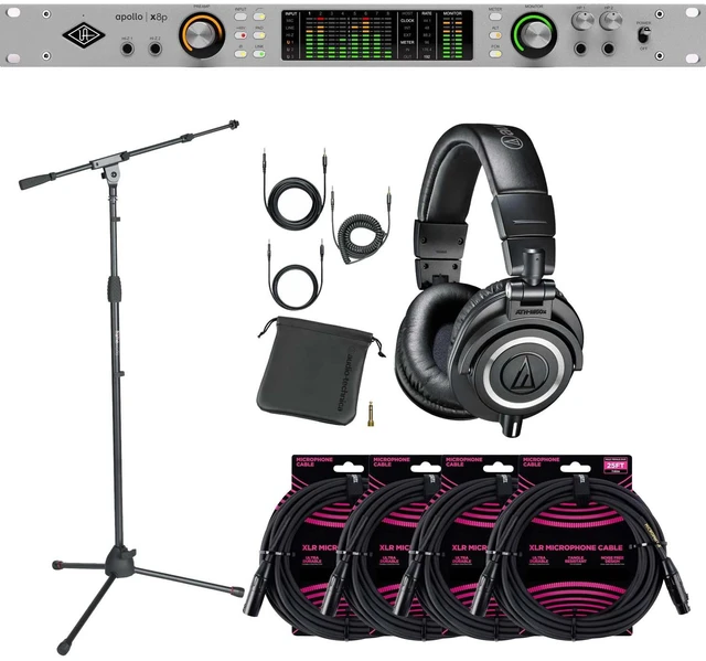 Main image of Universal Audio Apollo x8p Gen 2 Essentials+ 16x22 Thunderbolt Audio Interface - Audio Technica ATH-M50X - Gator GFW-MIC-2020 - (4) ErnieBall XLR Bundle