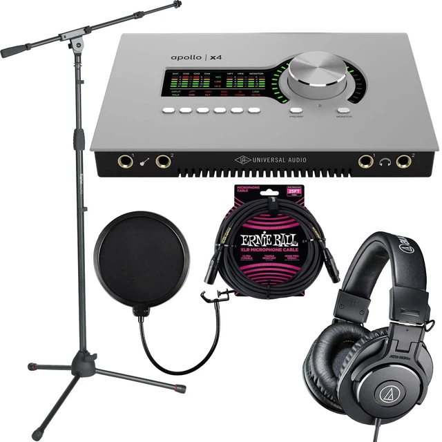 Main image of Universal Audio Apollo x4 with UAD Analog Classics Audio Interface - Gator GFW-MIC-2020 - ErnieBall XLR 25FT - POP Filter - ATH-M30X Bundle