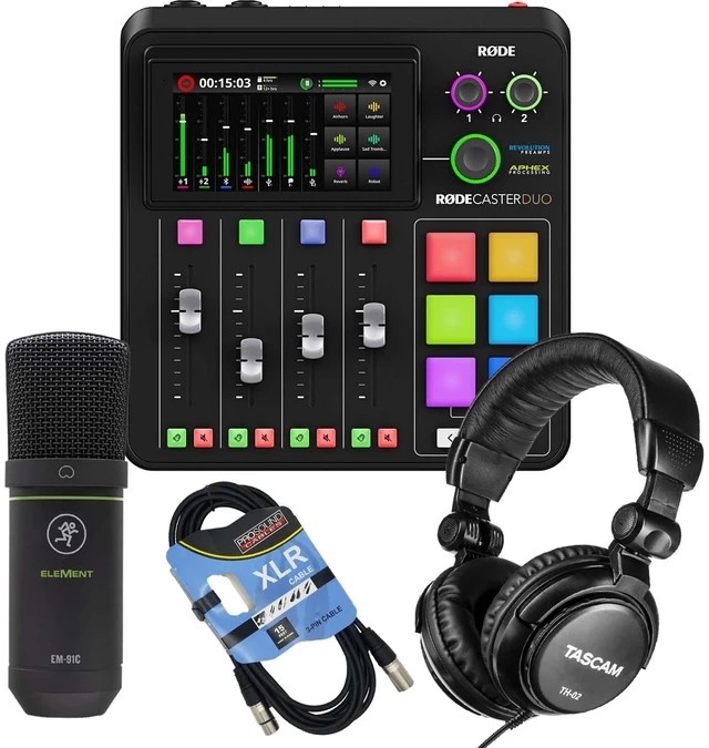 Main image of Rode RodeCaster Duo Streaming Mixer, Mackie EM-91C, Tascam TH02, XLR Cable Bundle