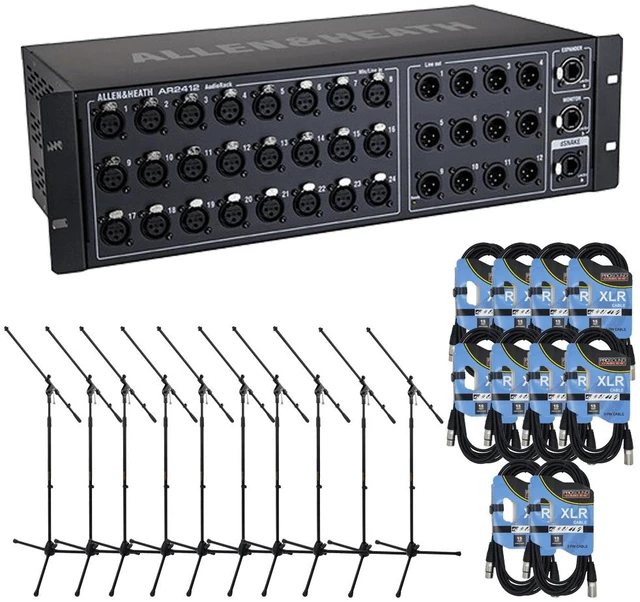 Main image of Allen & Heath AR2412 24x12 Main Remote Stage Rack for GLD & Qu Mixers (Black) + (10) XLR Cables 15FT and (10) Microphones Stands.