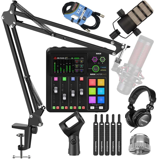 Main image of Rode RodeCaster Duo Streaming Mixer, Rode PodMic, Mic BoomArm, Tascam TH02, XLR Cable Bundle
