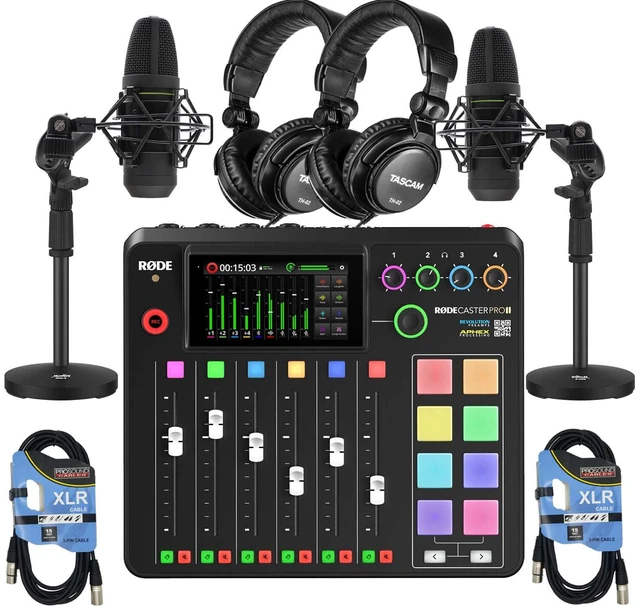 Main image of Rode RODECaster Pro II Studio, (2) Mackie EM-91C, (2) Desk Stands, (2) XLR Cables, (2) Tascam TH-02 Bundle