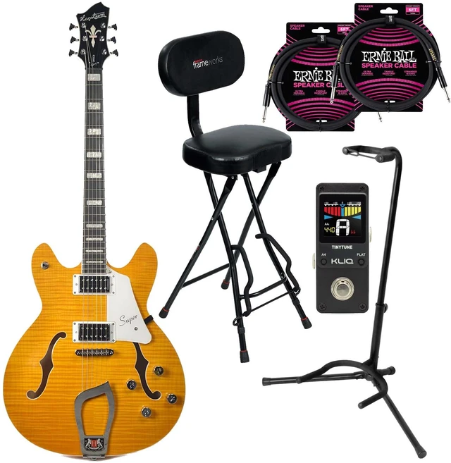 Main image of Hagstrom Super Viking Flame Maple Guitar - Dandy Dandelion, Gator GFW-GTR-1000, Gator GFW-GTR-SEAT, KLIQ TinyTune, (2) ErnieBall Cables Bundle