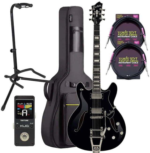 Main image of Hagstrom Tremar Viking Deluxe Electric Guitar Gloss Black, Gator Stand GFW-GTR-1000, (2) ErnieBall Guitar Cables, KLIQ TinyTune, CAHAYA Case Bundle