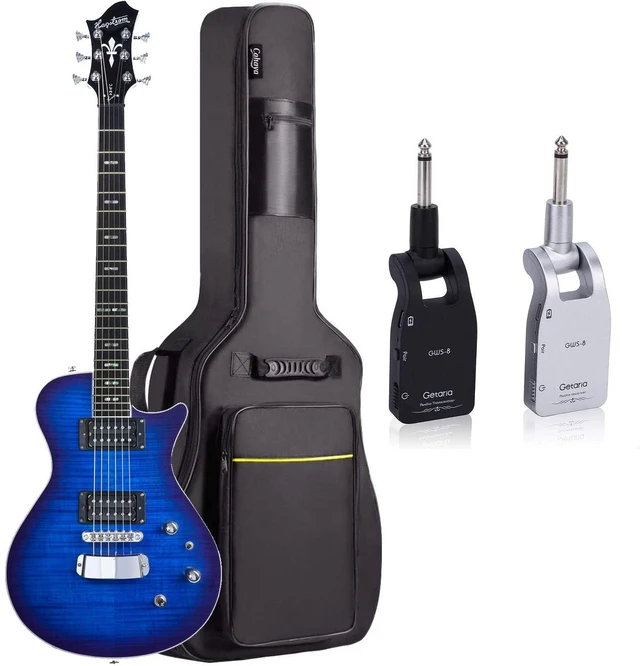 Main image of Hagstrom ULSWE-WDM Ultra Slim Swede 6 String Electric Guitar Worn Denim, Getaria 2.4GHZ Wireless Adapter, CAHAYA Guitar Bag Bundle