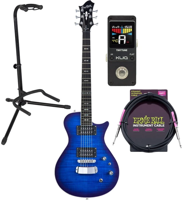 Main image of Hagstrom ULSWE-WDM Ultra Slim Swede 6 String Electric Guitar Worn Denim, Gator Stand GFW-GTR-1000, KLIQ TinyTune, ErnieBall Cable Bundle