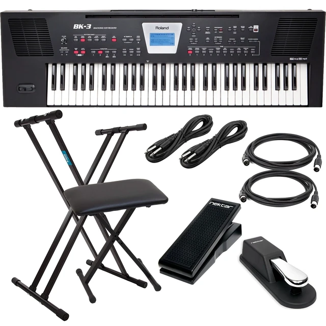 Main image of Roland BK-3 Backing Keyboard (Black), Keyboard Stand, Bench, Sustain Pedal, Nektar NX-P, (2) 1/4 Cables, (2) Midi Cables Bundle