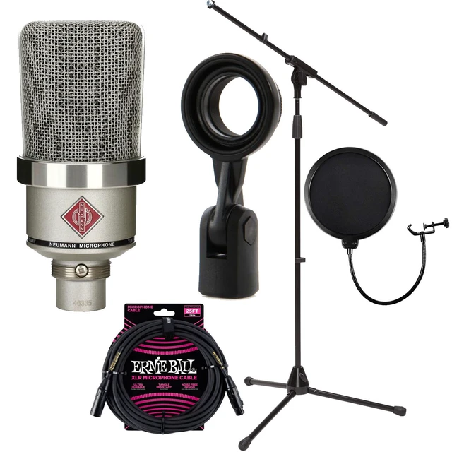 Main image of Neumann TLM-102 Studio Condenser Microphone (Nickel), Mic Stand, ErnieBall XLR Cable, POP Filter Bundle