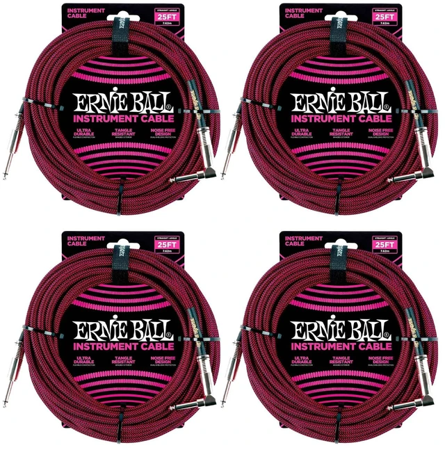 Main image of (4) Ernie Ball PO6062 25 Braided Straight/Angle Instrument Cable Black/Red Bundle