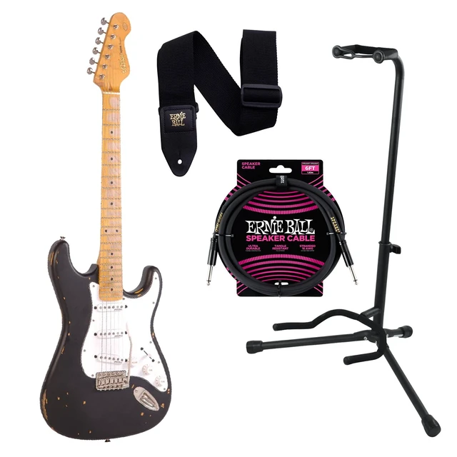 Main image of Vintage V6 ICON Electric Guitar DB Black, Gator GFW-GTR-1000, ErnieBall Cable, ErnieBall P04037 Bundle