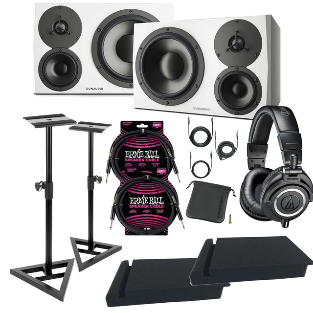 Main image of (2) Dynaudio LYD 48 - 3-Way Speakers (Left/Right - White) - Monitor Stands, (2) ErnieBall cables, Pads, AT ATH-M50X Bundle