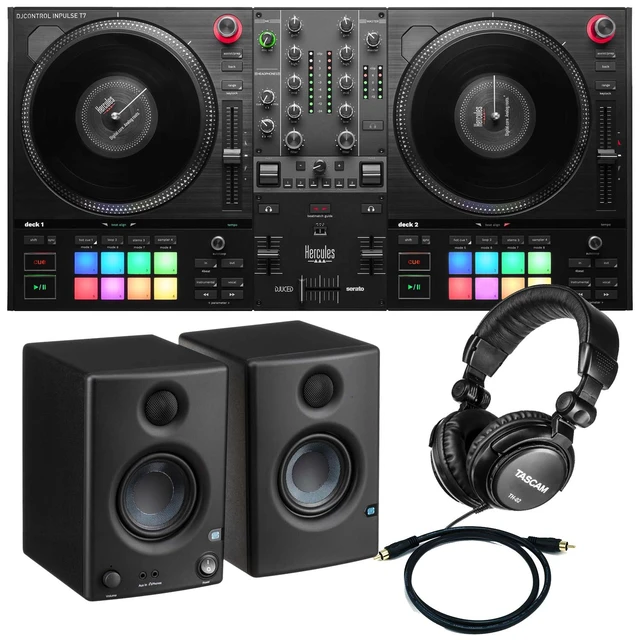 Main image of Hercules DJ DJControl Inpulse T7 2-deck Motorized DJ Controller, Presonus Eris3.5, RCA Cables, Tascam TH02 Bundle