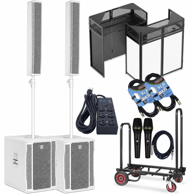 Main image of (2) RCF EVOX 12 Column Speaker Array System (White) - Foldable DJ Booth - Pyle Compact Dolly - Furman SS6B - (2) PSG Audio C350 Mic - (2) XLR Cables Bundle