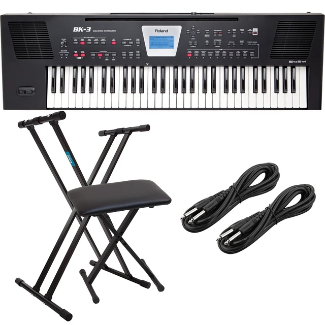 Main image of Roland BK-3 Backing Keyboard (Black), Keyboard Stand, Bench, (2) 1/4 Cables Bundle