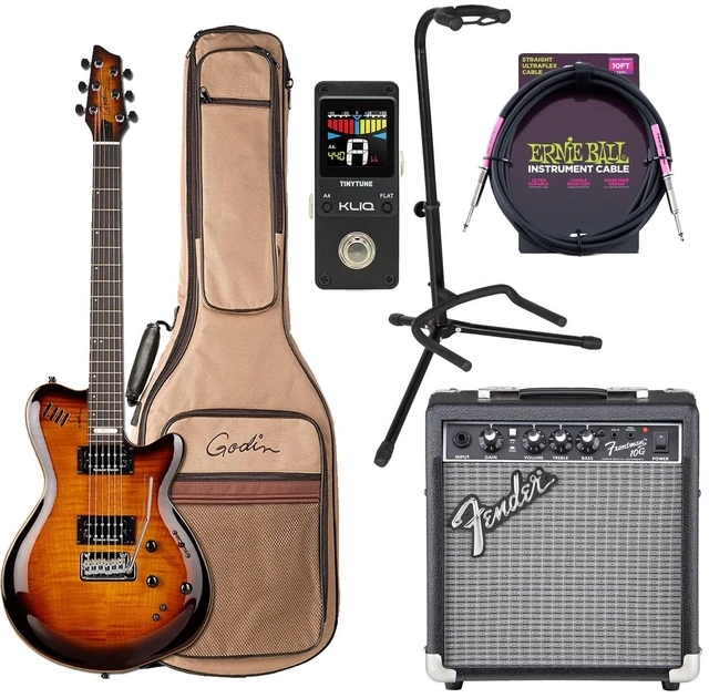 Main image of Godin (024124) LGXT Cognac Burst Flame Guitar / Bag, Fender Frontman 10G, ErnieBall Cable, KLIQ TinyTune, Gator GFW-GTR-1000 Stand Bundle