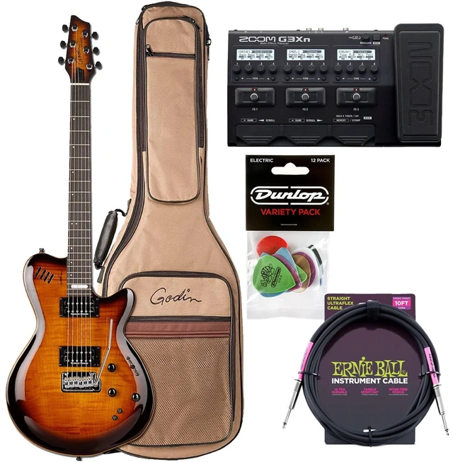 Main image of Godin (024124) LGXT Cognac Burst Flame Guitar / Bag, Zoom G3Xn Multi-Effects Processor, ErnieBall Cable, Dunlop Picks (PVP113) Bundle