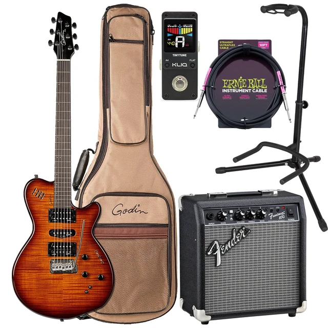 Main image of Godin (028672) xtSA Light Burst Flame Electric Guitar with Gig Bag, Fender Frontman 10G, ErnieBall Cable, KLIQ TinyTune, Gator GFW-GTR-1000 Stand Bundle