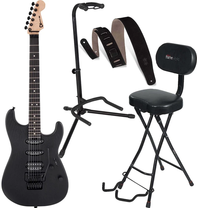 Main image of Charvel Pro-Mod San Dimas Style 1 HSS FR Sassafras Satin Black, Levi's MS26-BLK, Gator GFW-GTR-1000 Stand, Gator GFW-GTR-SEAT Bundle