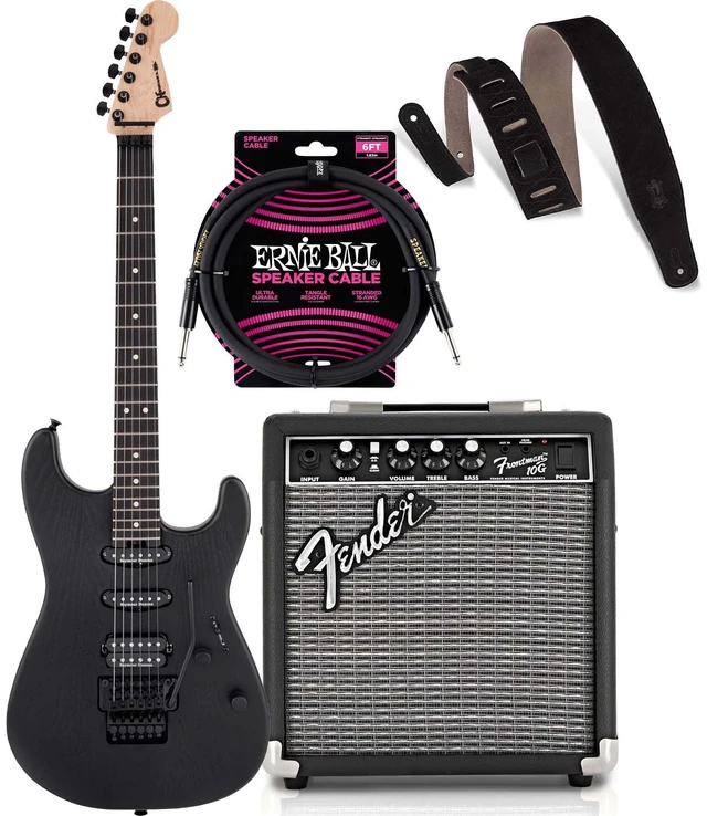 Main image of Charvel Pro-Mod San Dimas Style 1 HSS FR Sassafras Satin Black, Fender Frontman 10G Amp, ErnieBall Cable, Levi's MS26-BLK Bundle