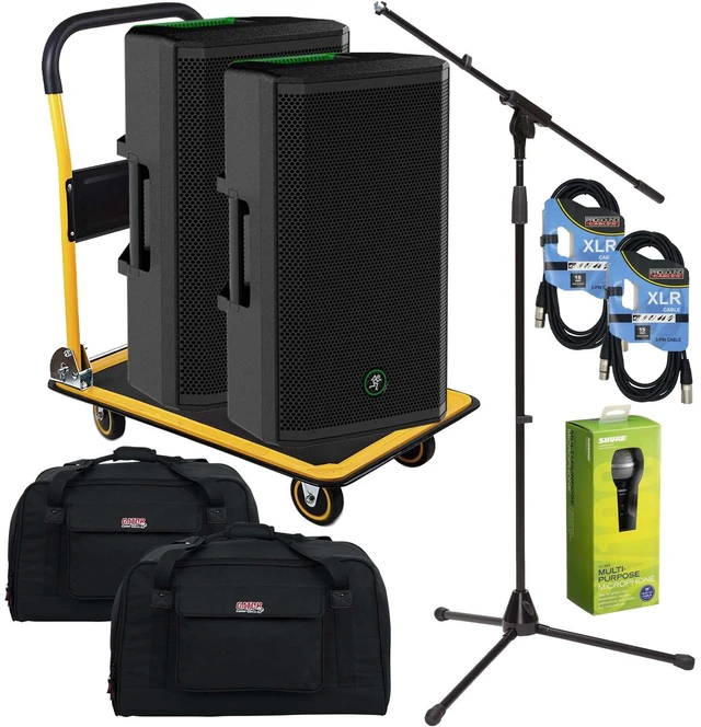 Main image of (2) Mackie Thrash212 12" 1300W Powered Speaker, (2) Gator Tote12 Bags, (2) XLR Cables, SV100, Mic Stand, Platform Cart Bundle