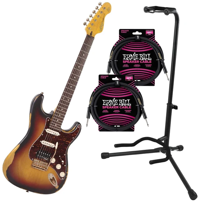 Main image of Vintage Icon Distressed V6HMR- Sunburst, GFW-GTR-1000 Stand, (2) ErnieBall Cables Bundle