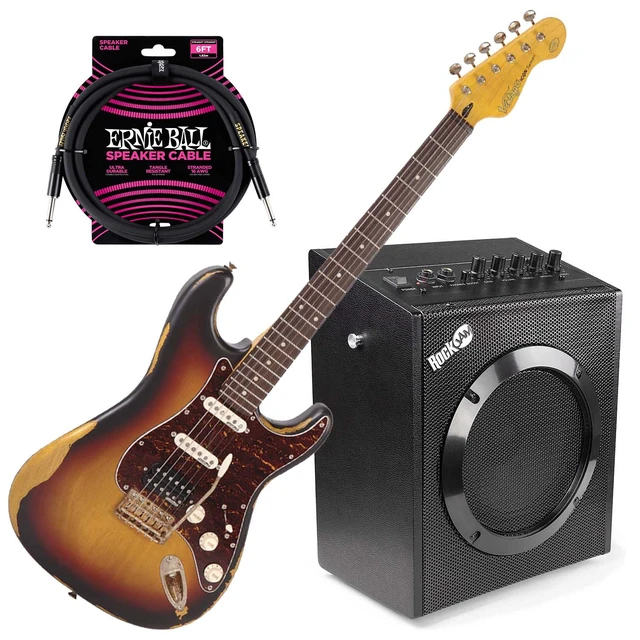 Main image of Vintage Icon Distressed V6HMR- Sunburst, RockJam 20 Watt, ErnieBall Cable Bundle