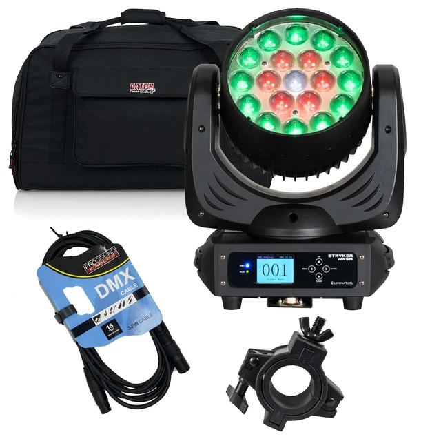 Main image of Eliminator Stryker Wash 228W Moving Head, Gator TOTE12, Clamp, DMX Cable 15FT Bundle
