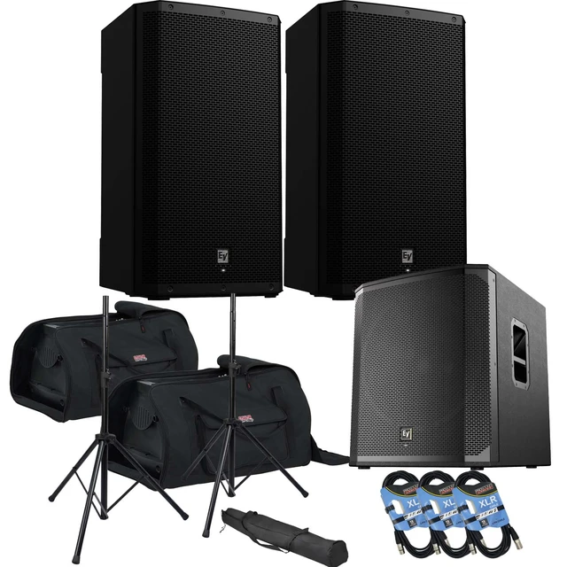 Main image of (2) Electro-Voice ZLX-15P-G2 15 1000W Powered Speaker, (2) Gator Tote-15 Bags, EV ELX200-18SP, (2) Speaker Stands, (3) XLR Cables Bundle