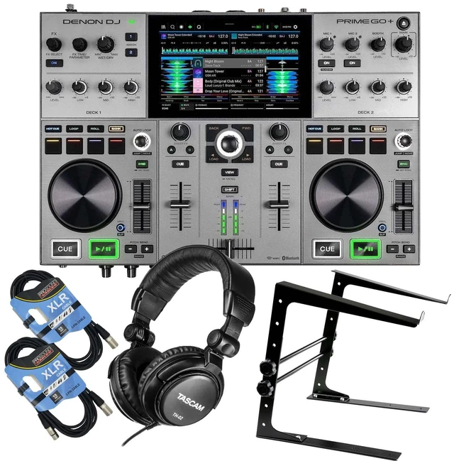 Main image of Denon DJ Prime GO+ Portable Standalone DJ System - Laptop Stand - Tascam TH02 - (2) XLR Cables Bundle