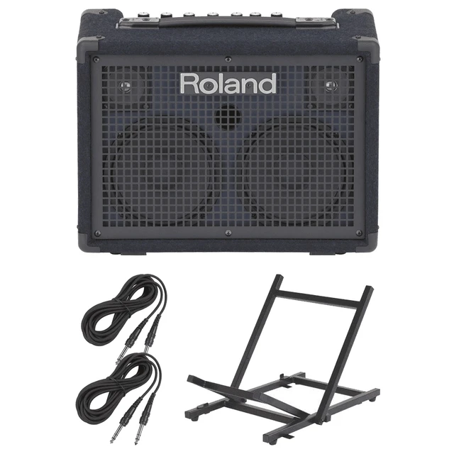 Main image of Roland KC-220 Battery Powered Stereo Keyboard Amplifier + On-Stage RS4000 Folding Guitar Amplifier Stand and Cables.