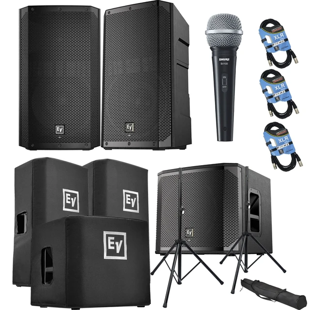 Main image of (2) Electro-Voice ELX200-12P, EV ELX200-12SP, (2) ELX200-12P Covers, ELX200-12SP Cover, (2) Speaker Stands, SV100 Mic, (3) XLR Cables Bundle