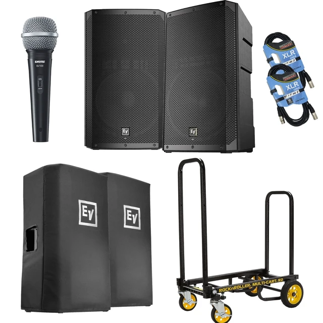 Main image of (2) Electro-Voice ELX200-15P, (2) ELX200-15P Covers, Rock-N-Roller Cart, SV100 Mic, (2) XLR Cables Bundle