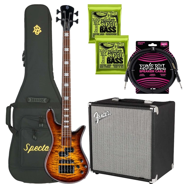 Main image of Spector EuroBolt 4 Bass Guitar Tobacco Sunburst Gloss, Fender Rumble 25 v3 Amp, ErnieBall Cable, (2) Ernie Ball 2832 Bundle