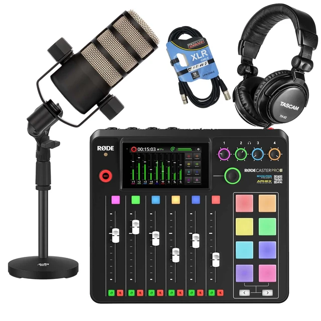 Main image of Rode RODECaster Pro II Studio, Rode PodMic, Desk Stand, XLR Cable, Tascam TH-02 Bundle