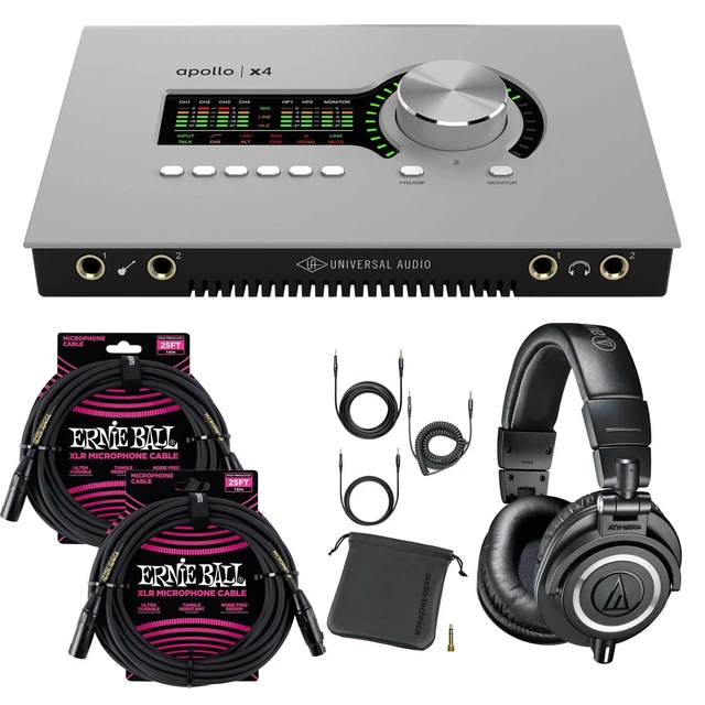 Main image of Universal Audio Apollo x4 with UAD Analog Classics Audio Interface - Audio Technica ATH-M50X - (2) ErnieBall XLR 25FT Bundle