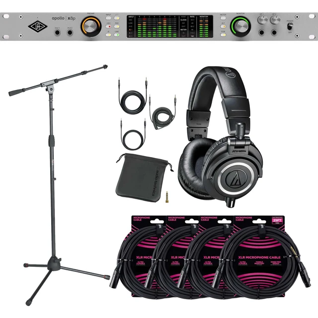 Main image of Universal Audio Apollo x8p Gen 2 Essentials+ 16x22 Thunderbolt Audio Interface - Audio Technica ATH-M50X - Gator GFW-MIC-2020 - (4) ErnieBall XLR Bundle