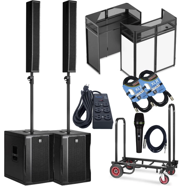 Main image of (2) RCF EVOX 12 Column Speaker Array System (Black) - Foldable DJ Booth - Pyle Compact Dolly - Furman SS6B - (2) PSG Audio C350 Mic - (2) XLR Cables Bundle