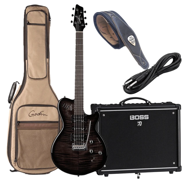Main image of Godin 025503 xtSA Trans Black Flame 6 string Electric Guitar - Legato Guitar Strap - Boss Katana 50 Guitar - 1/4 Cable
