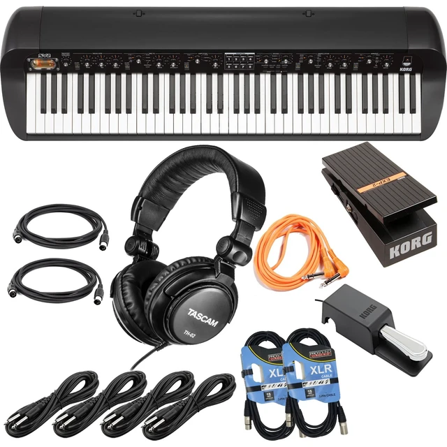Main image of Korg SV-2 73-Key Vintage Stage Piano (Black) (Korg DS-2H Pedal Included), Korg EXP-2 Pedal, (4) 1/4 Cables, (2) Midi Cables, (2) XLR Cables, Tascam TH02 Bundle